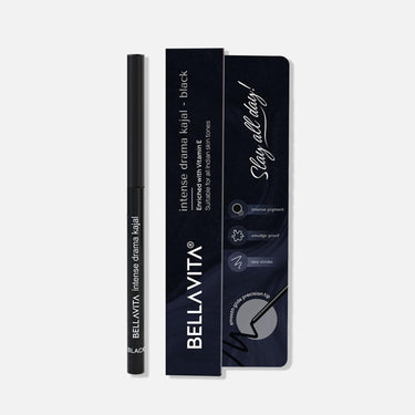 BELLAVITA Intense Drama Kajal, Black, Intense Pigment, Smudge-Proof, Long Lasting, Enriched with Vitamin E & Almond Oil, Glossy, 0.3 g